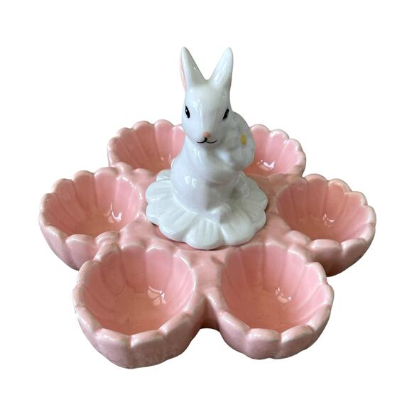 10 STRAWBERRY ST Easter Bunny Ceramic 6 Egg Holder Pink & White Spring NEW - Picture 1 of 10